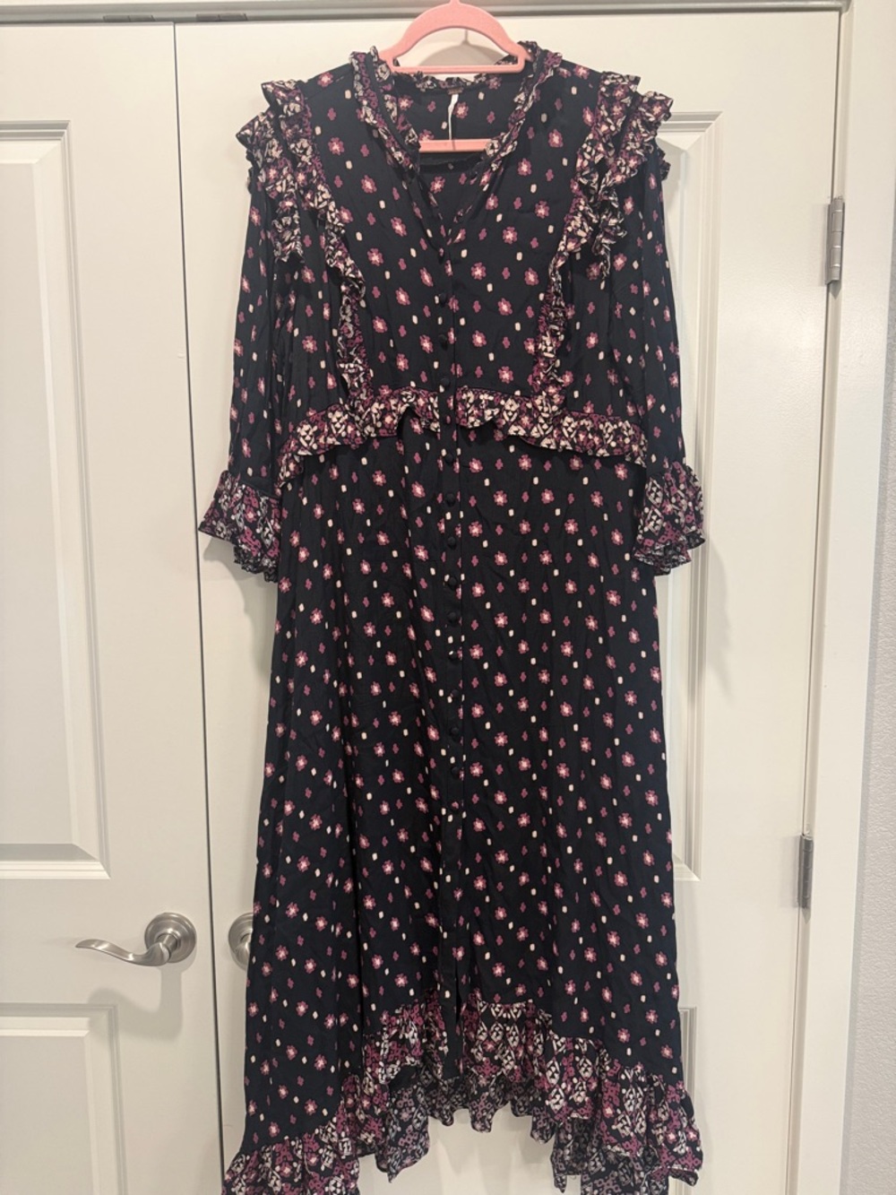 Free People Black Midi Dress with Pink Floral Ruffles